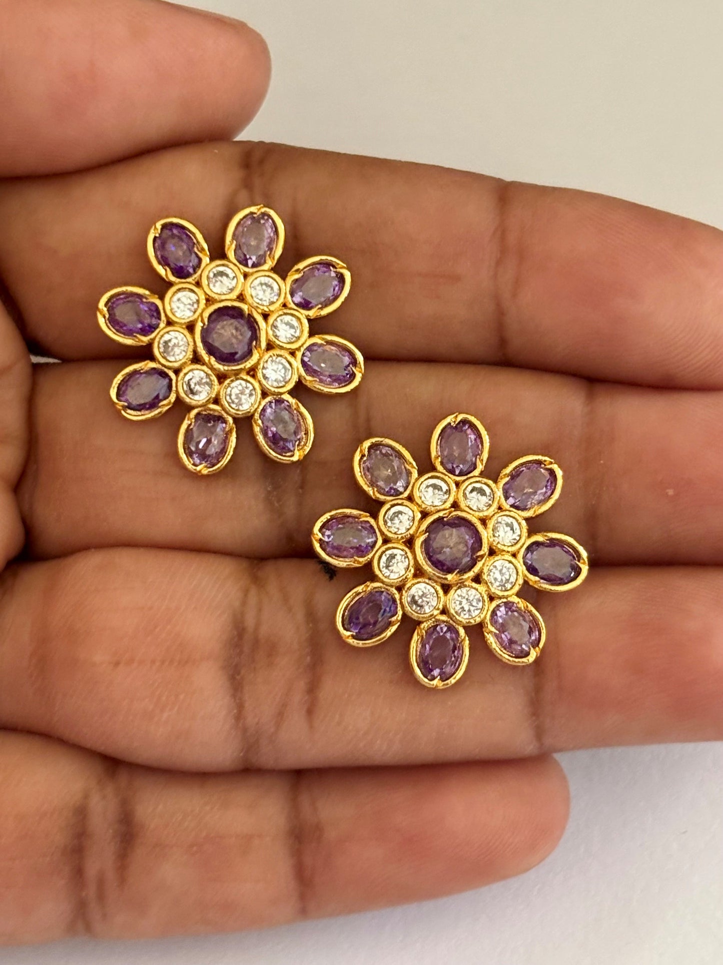 Gold-Plated Floral Stud Earrings with Amethyst and AD Stones