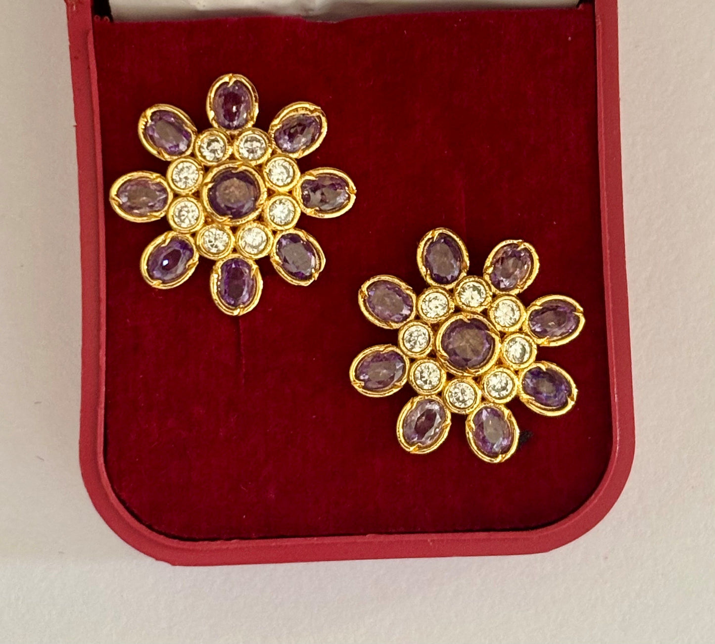 Gold-Plated Floral Stud Earrings with Amethyst and AD Stones