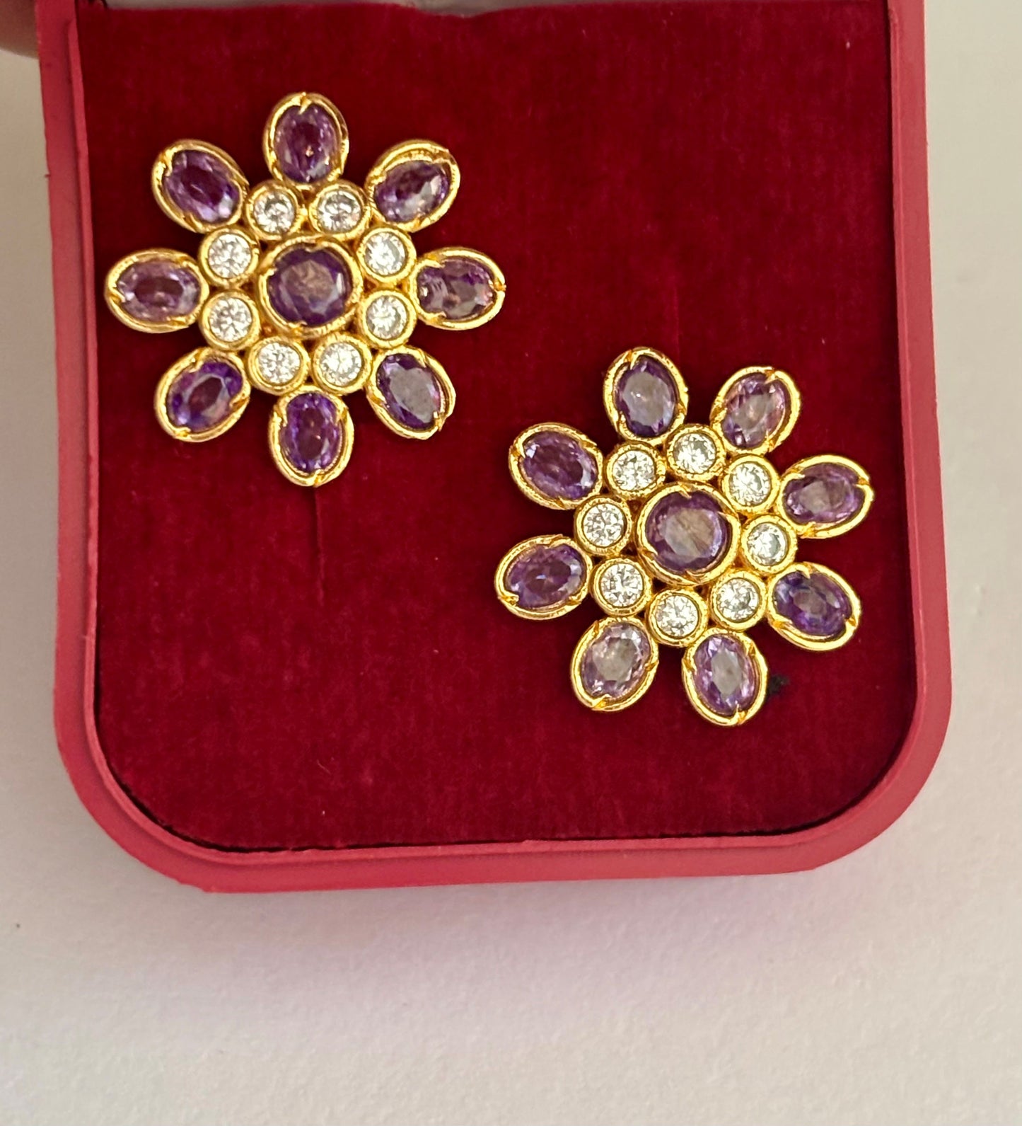 Gold-Plated Floral Stud Earrings with Amethyst and AD Stones
