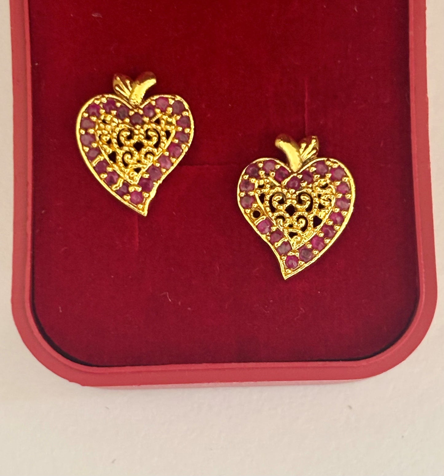 Gold-Plated Filigree Heart Earrings with Ruby Stones