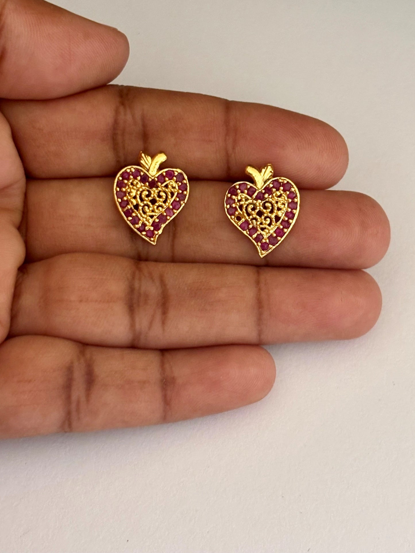 Gold-Plated Filigree Heart Earrings with Ruby Stones