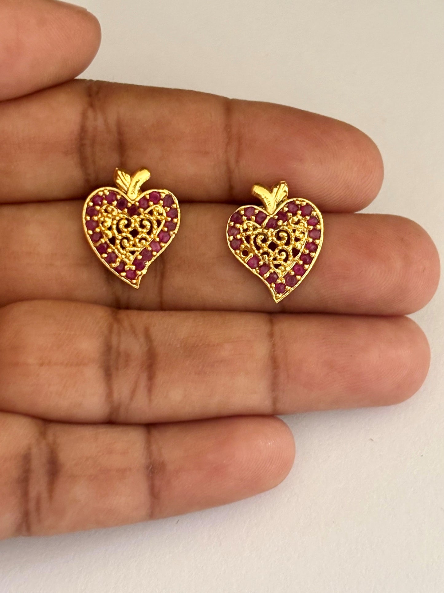 Gold-Plated Filigree Heart Earrings with Ruby Stones