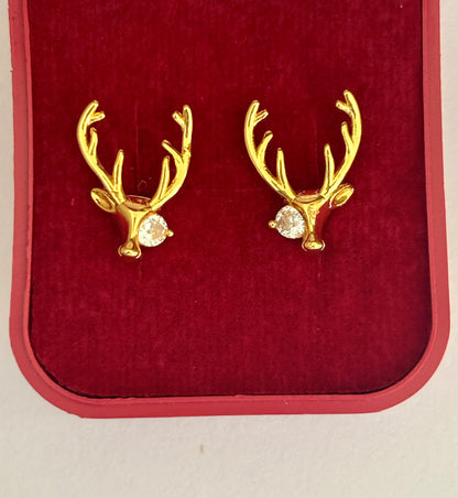 Gold-Plated Reindeer Deer Head Stud Earrings with AD Stone