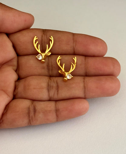 Gold-Plated Reindeer Deer Head Stud Earrings with AD Stone
