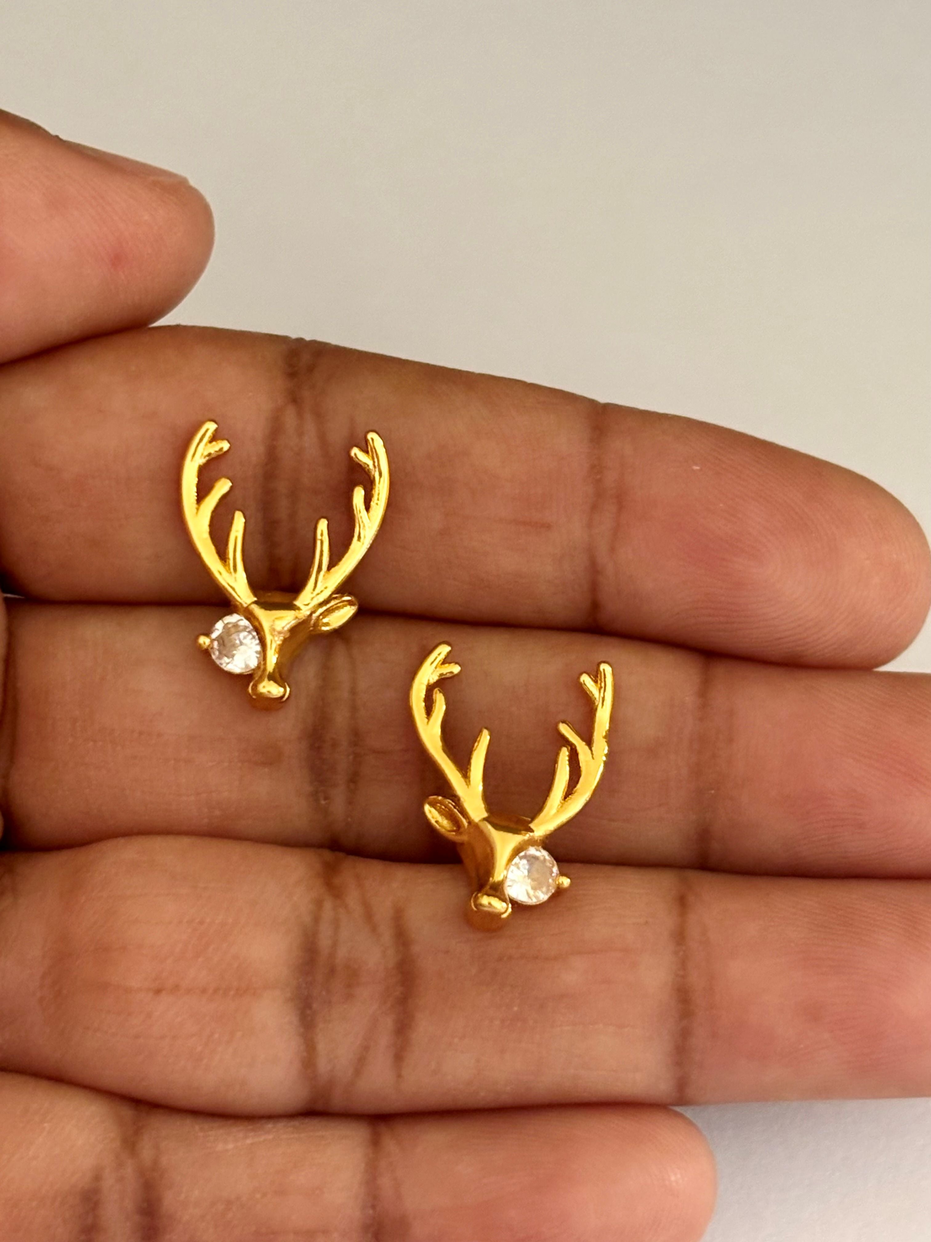Gold-Plated Reindeer Deer Head Stud Earrings with AD Stone