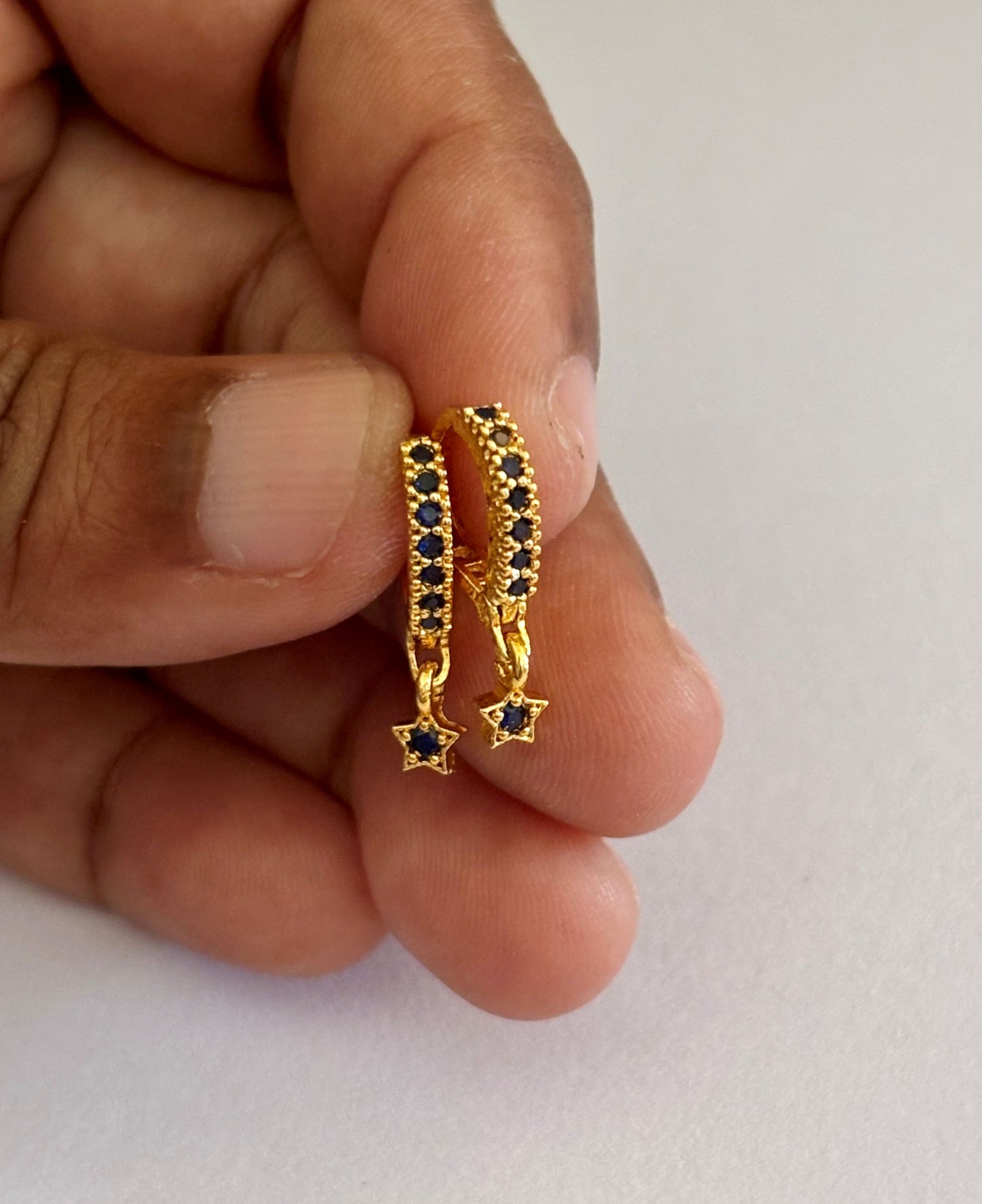 Star Charm Huggie Earrings with Blue Sapphire Stones