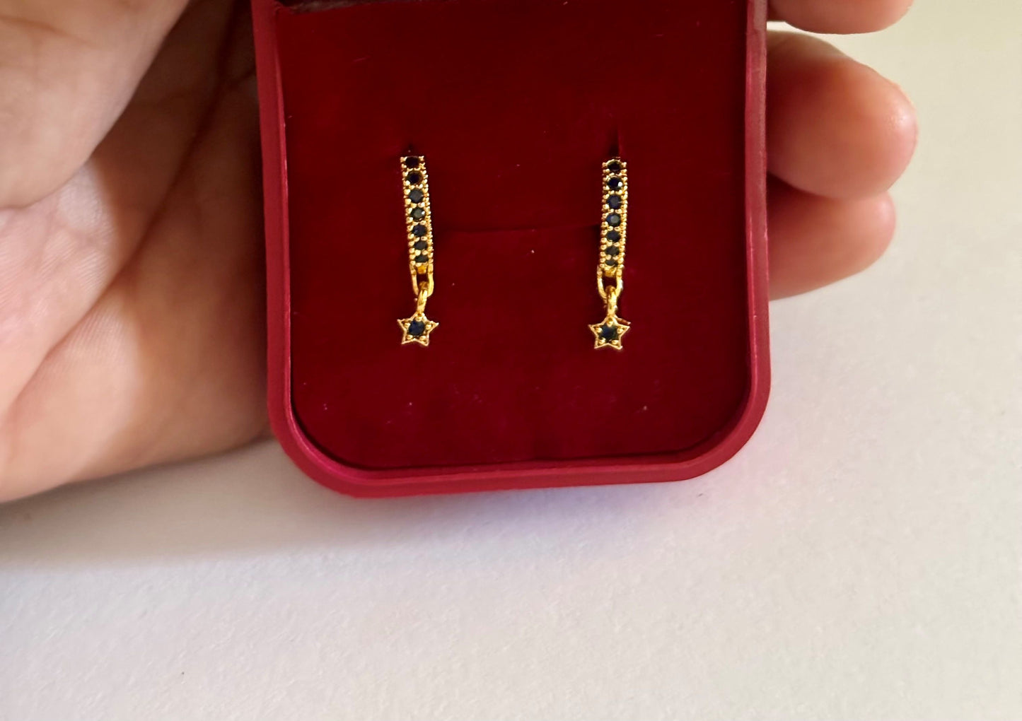 Star Charm Huggie Earrings with Blue Sapphire Stones