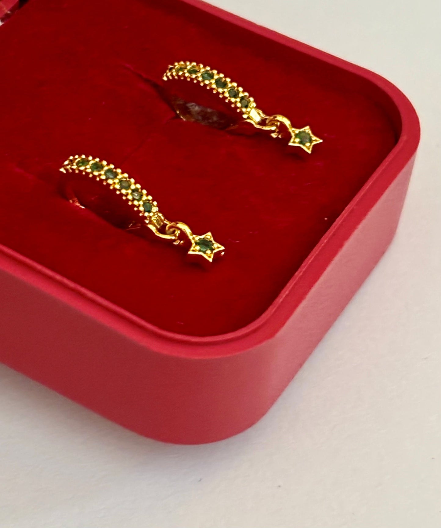 Star Charm Huggie Earrings with Green Emerald Stones