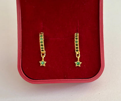 Star Charm Huggie Earrings with Green Emerald Stones