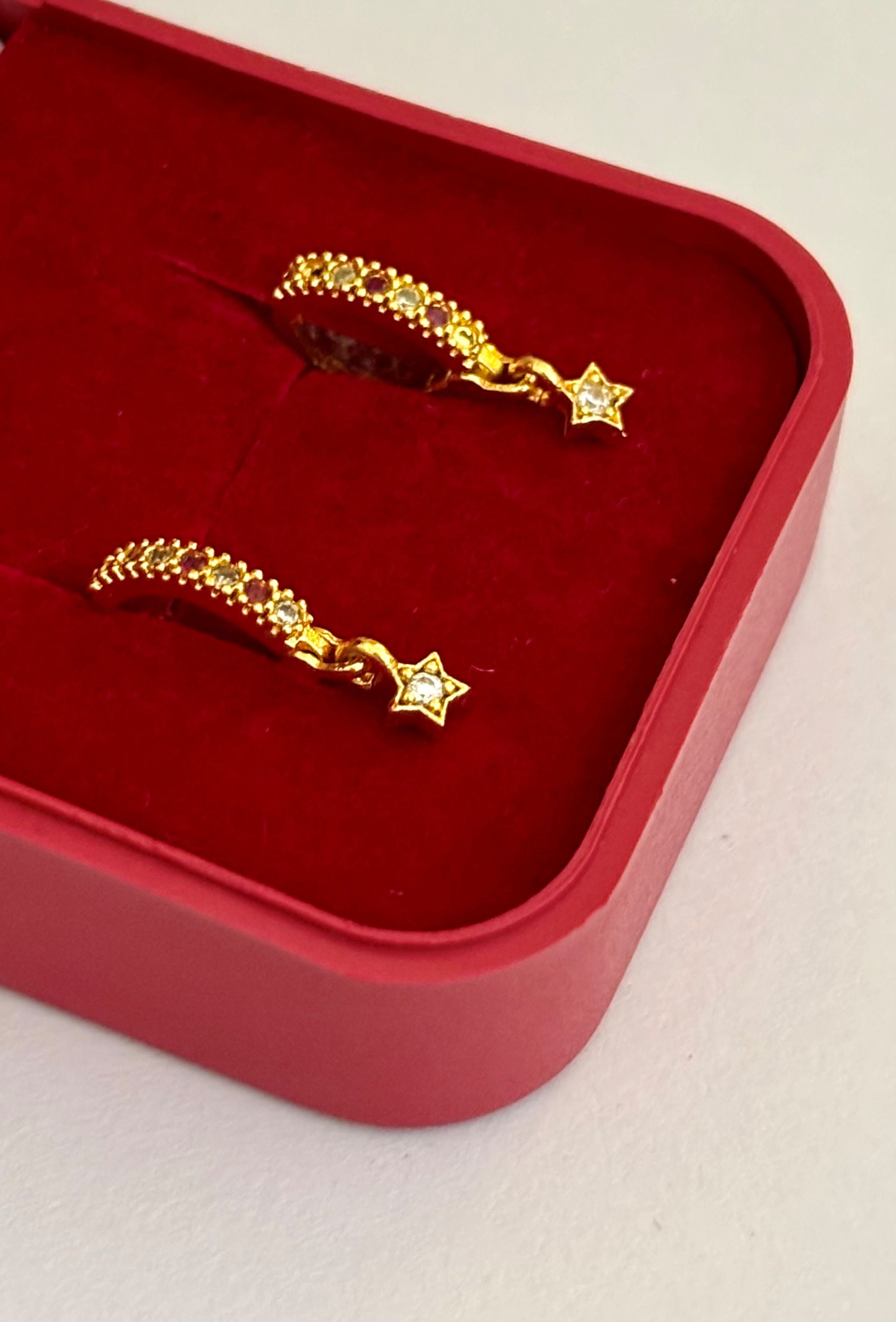 Star Charm Huggie Earrings with Pink and White Stones