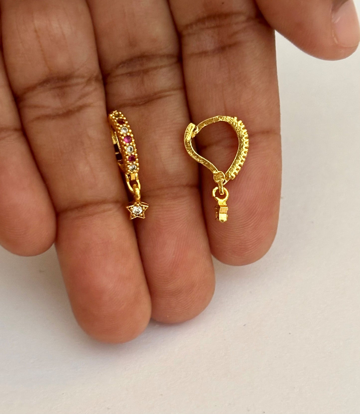 Star Charm Huggie Earrings with Pink and White Stones