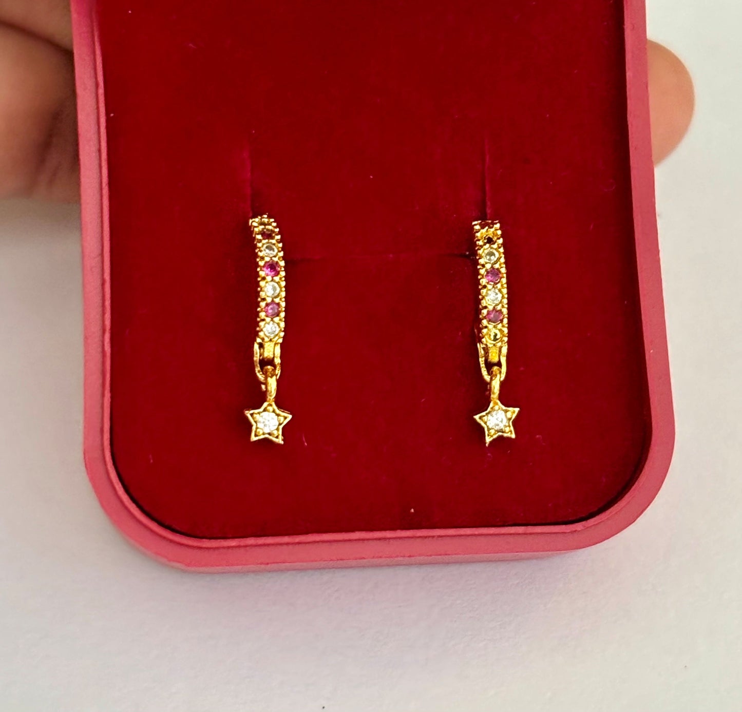 Star Charm Huggie Earrings with Pink and White Stones