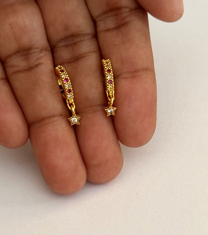 Star Charm Huggie Earrings with Pink and White Stones