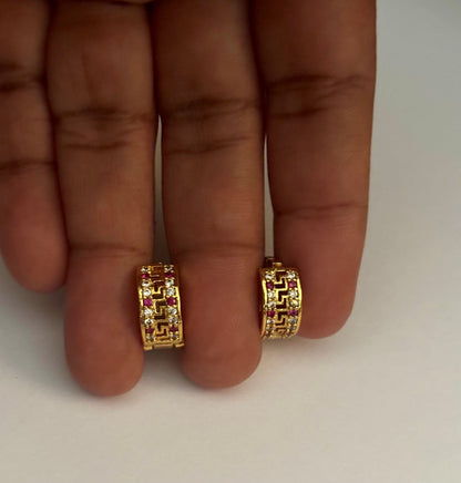 Greek Key Huggie Earrings with Pink and White AD Stones