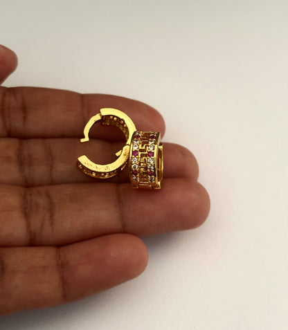 Greek Key Huggie Earrings with Pink and White AD Stones