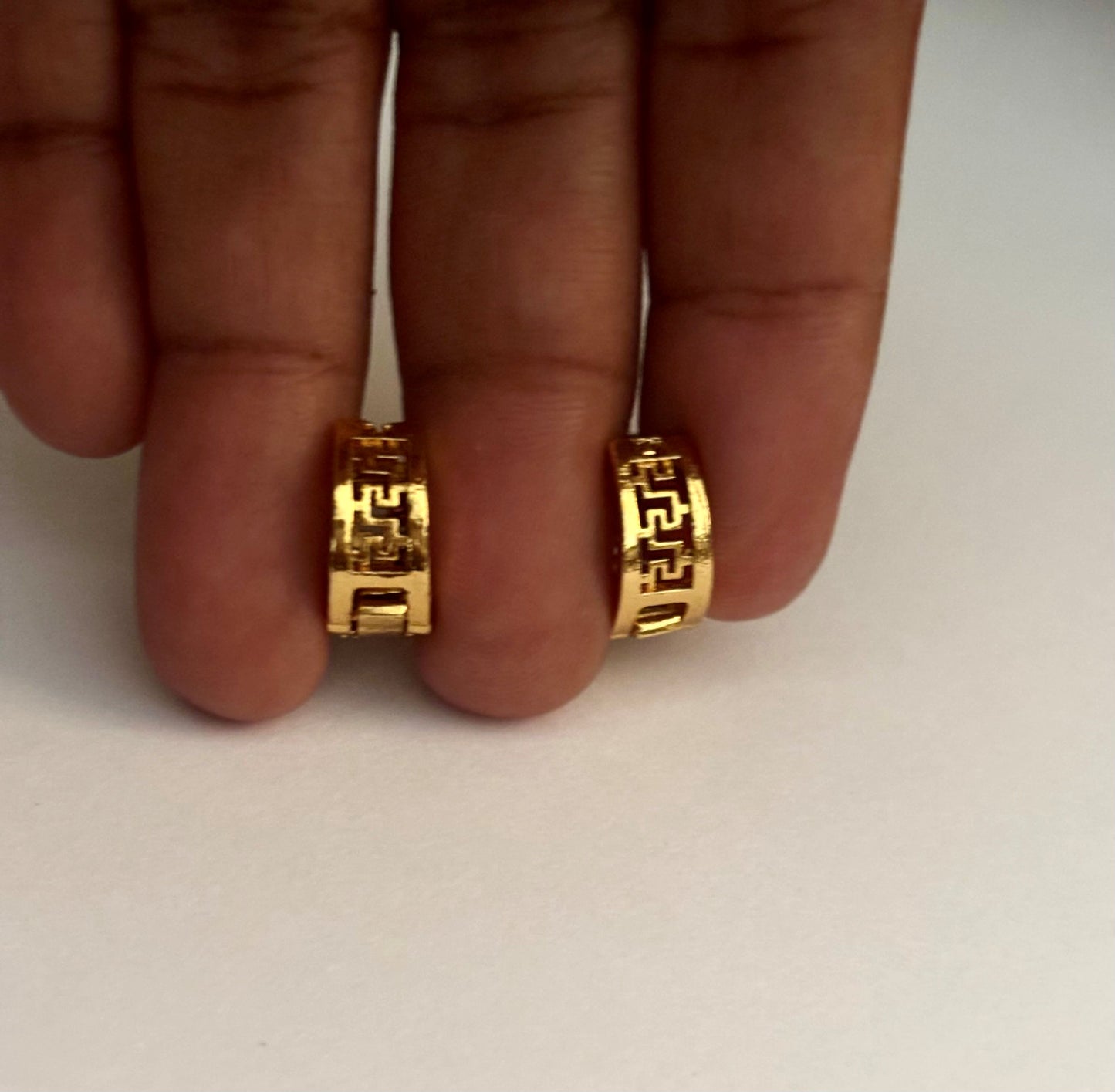 Greek Key Huggie Earrings with Pink and White AD Stones