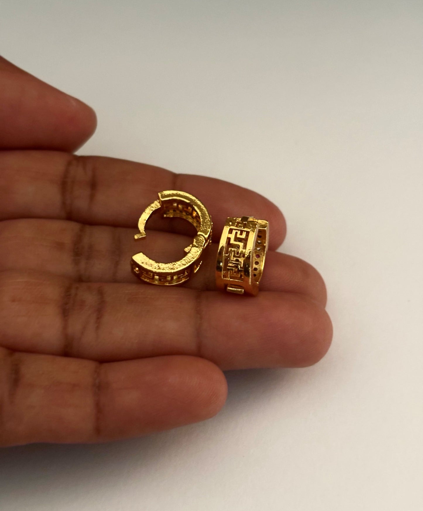 Greek Key Huggie Earrings with Pink and White AD Stones