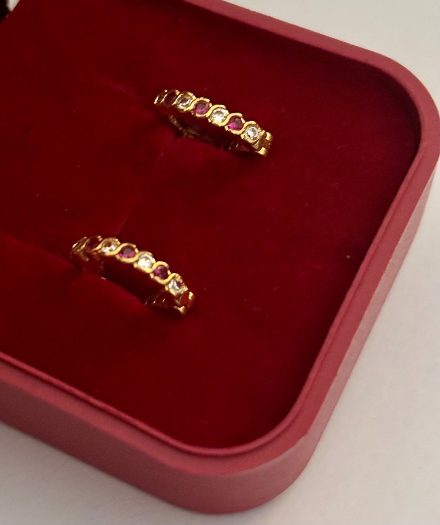 Gold-Plated Huggie Earrings with Pink and White AD Stones
