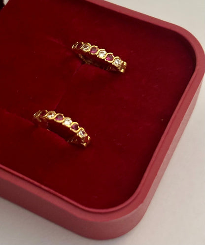 Gold-Plated Huggie Earrings with Pink and White AD Stones