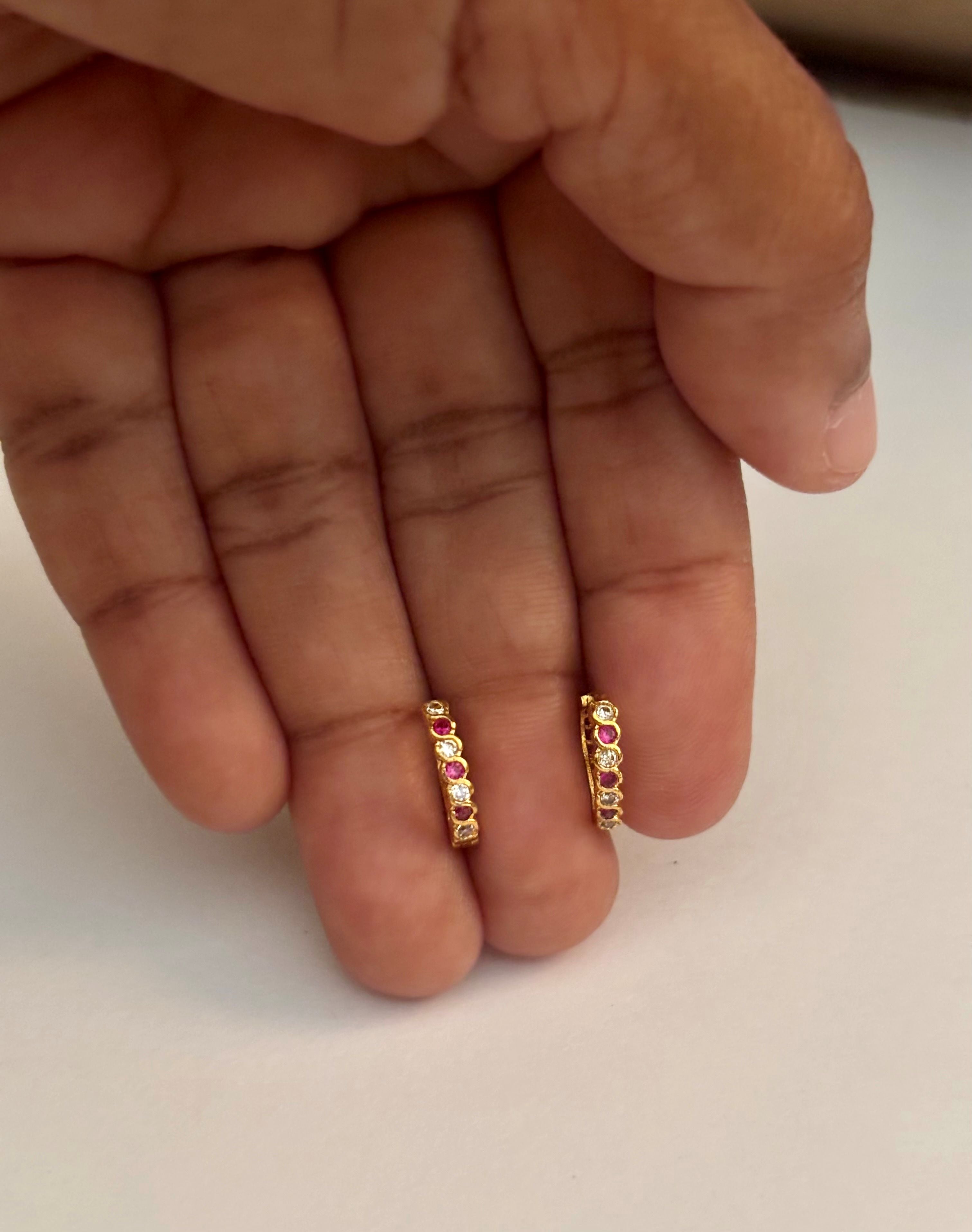 Gold-Plated Huggie Earrings with Pink and White AD Stones