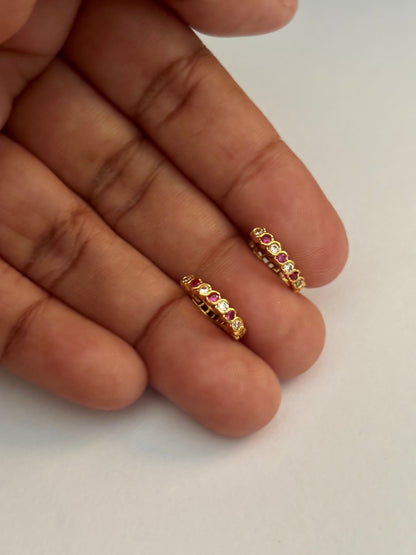 Gold-Plated Huggie Earrings with Pink and White AD Stones