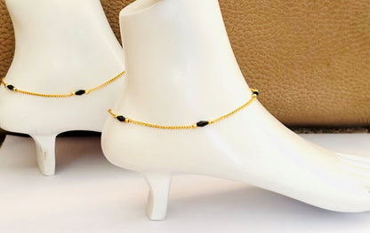 Gold-Plated Black Beaded Nazariya Anklets