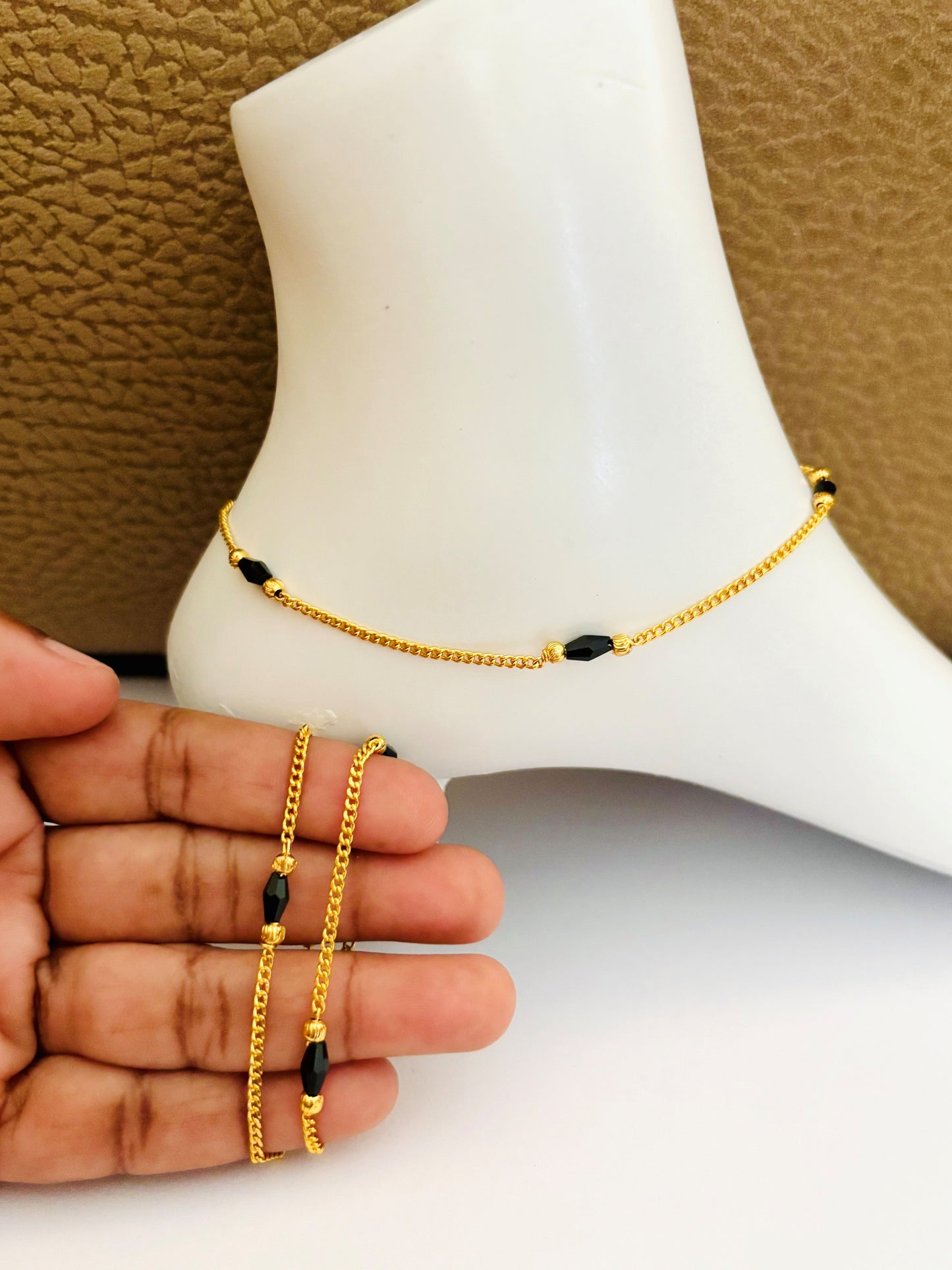 Gold-Plated Black Beaded Nazariya Anklets