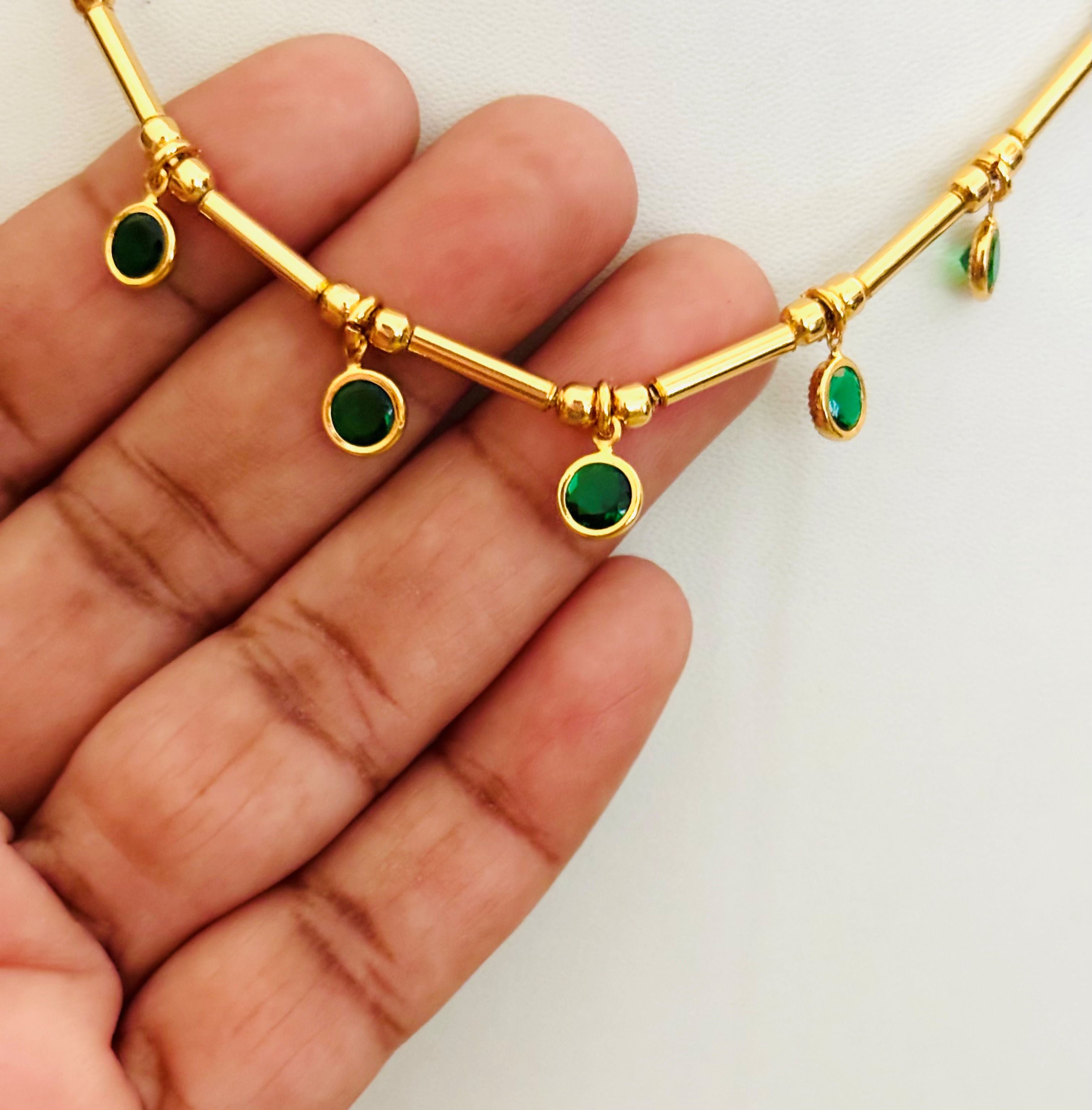 Gold-Plated Necklace with Dangling Green Stone Charms