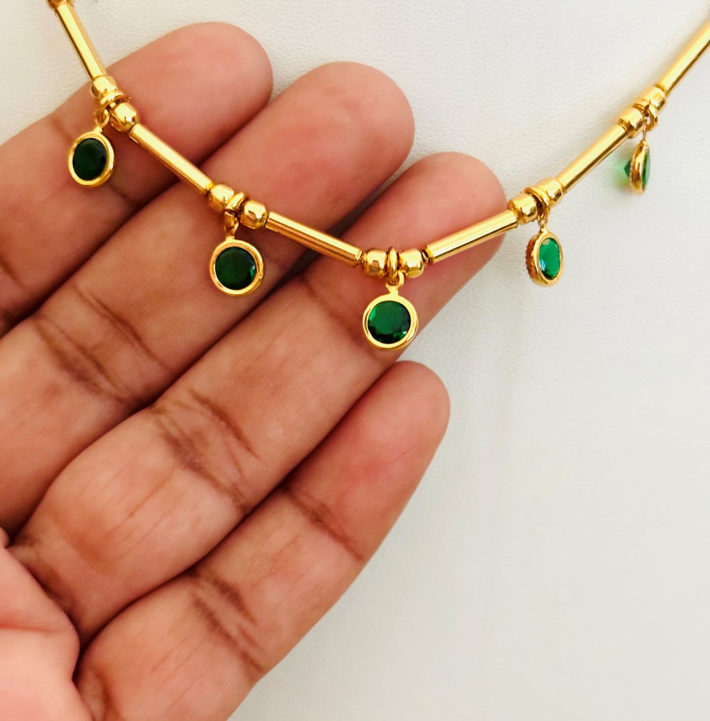 Gold-Plated Necklace with Dangling Green Stone Charms