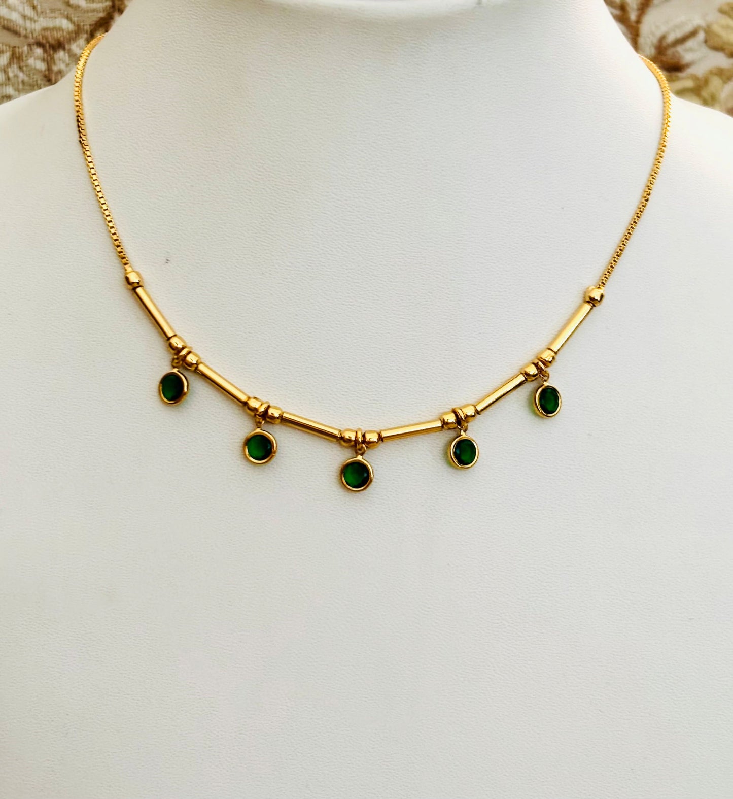 Gold-Plated Necklace with Dangling Green Stone Charms