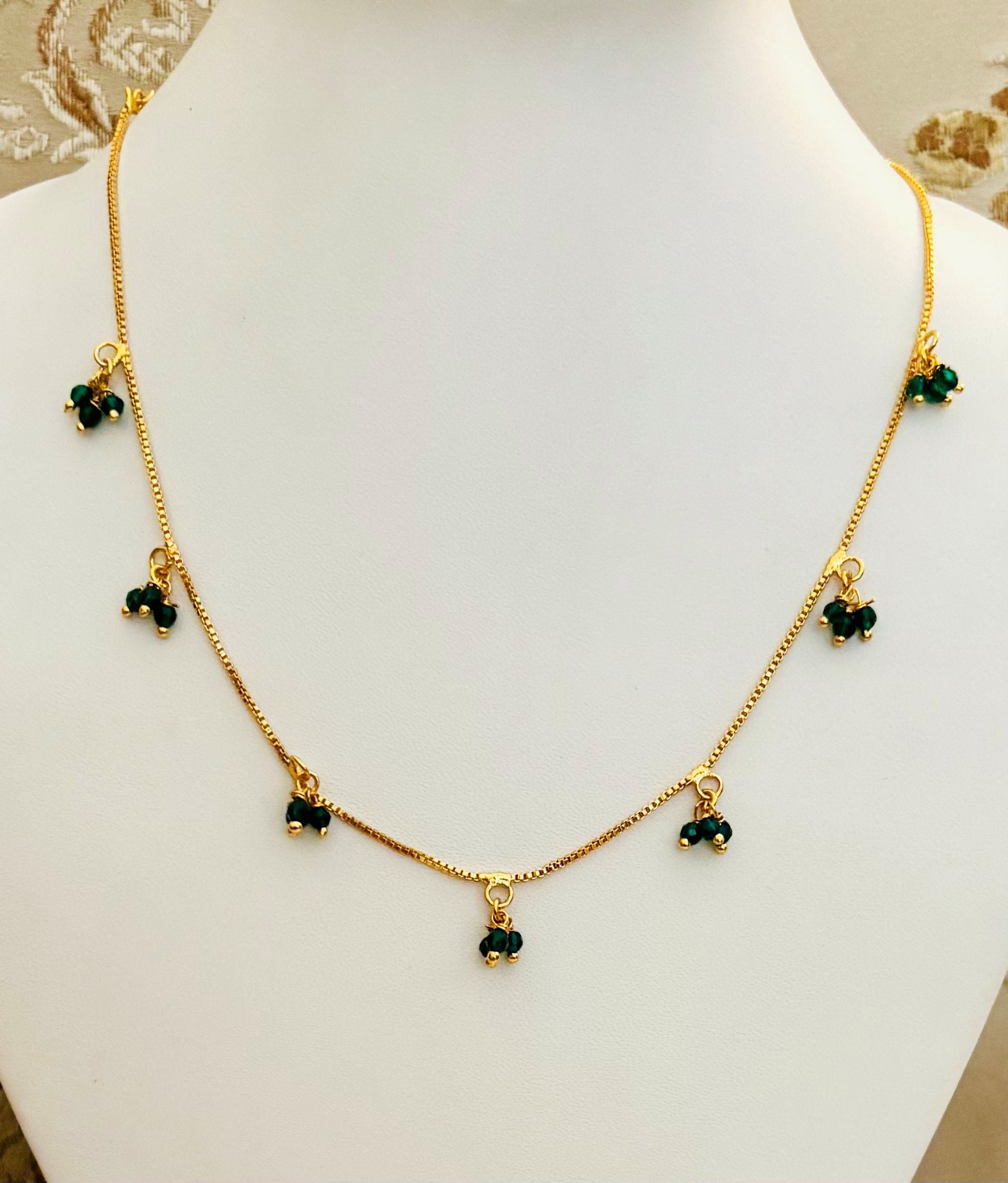 Gold-Plated Necklace with Dangling Green Emerald Beads