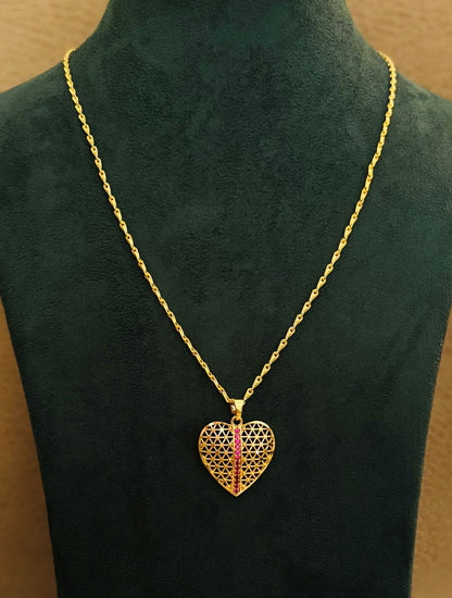 Gold-Plated Filigree Heart Pendant with Pink Ruby Stripe