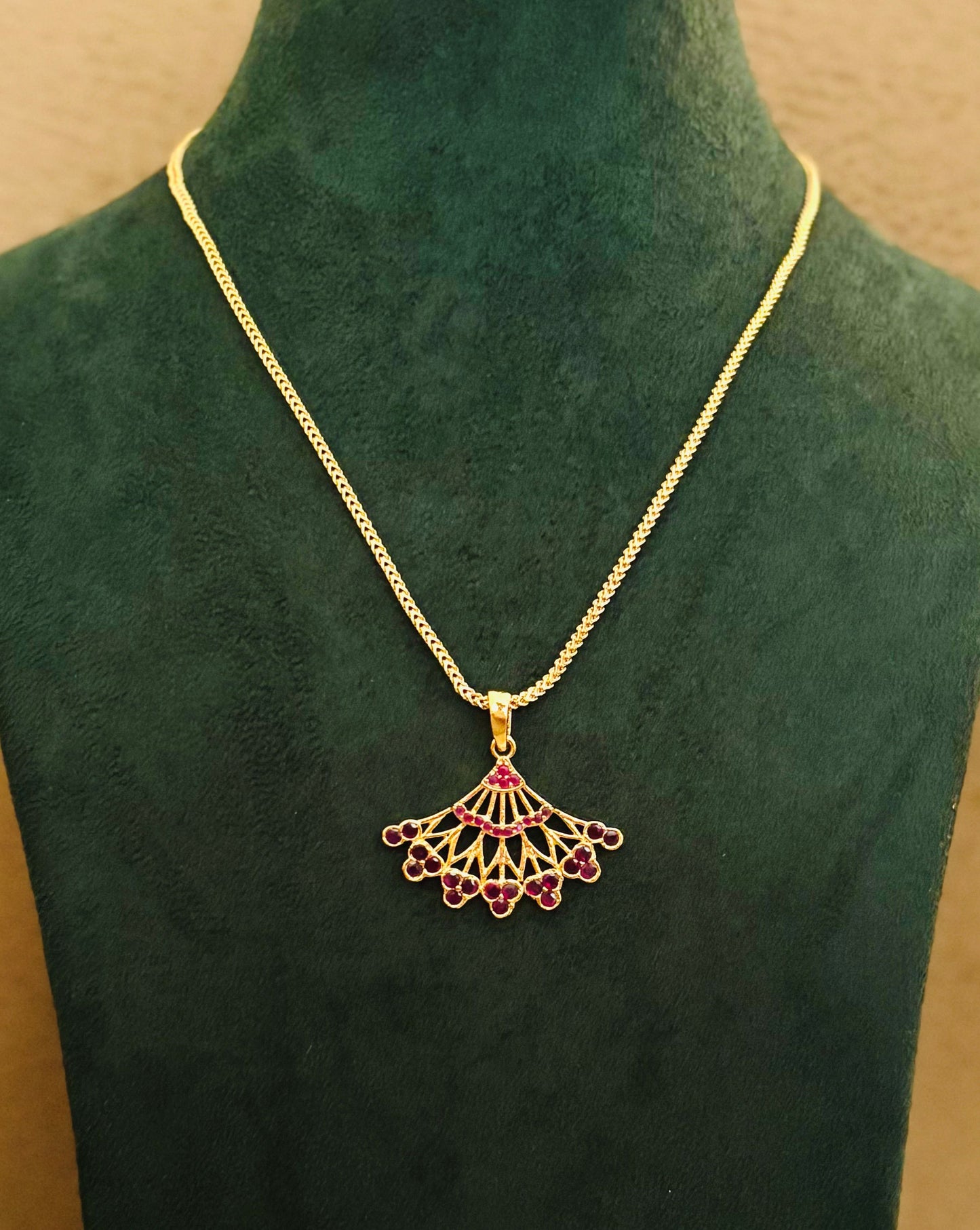 Gold-Plated Fan-Shaped Pendant with Pink Ruby Stones