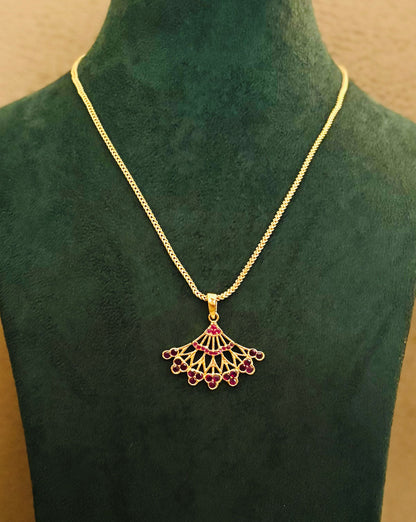 Gold-Plated Fan-Shaped Pendant with Pink Ruby Stones