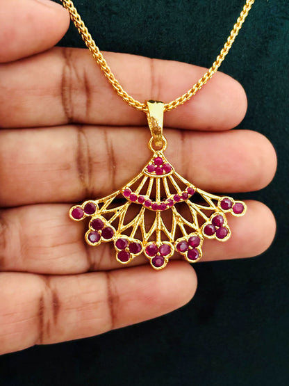 Gold-Plated Fan-Shaped Pendant with Pink Ruby Stones
