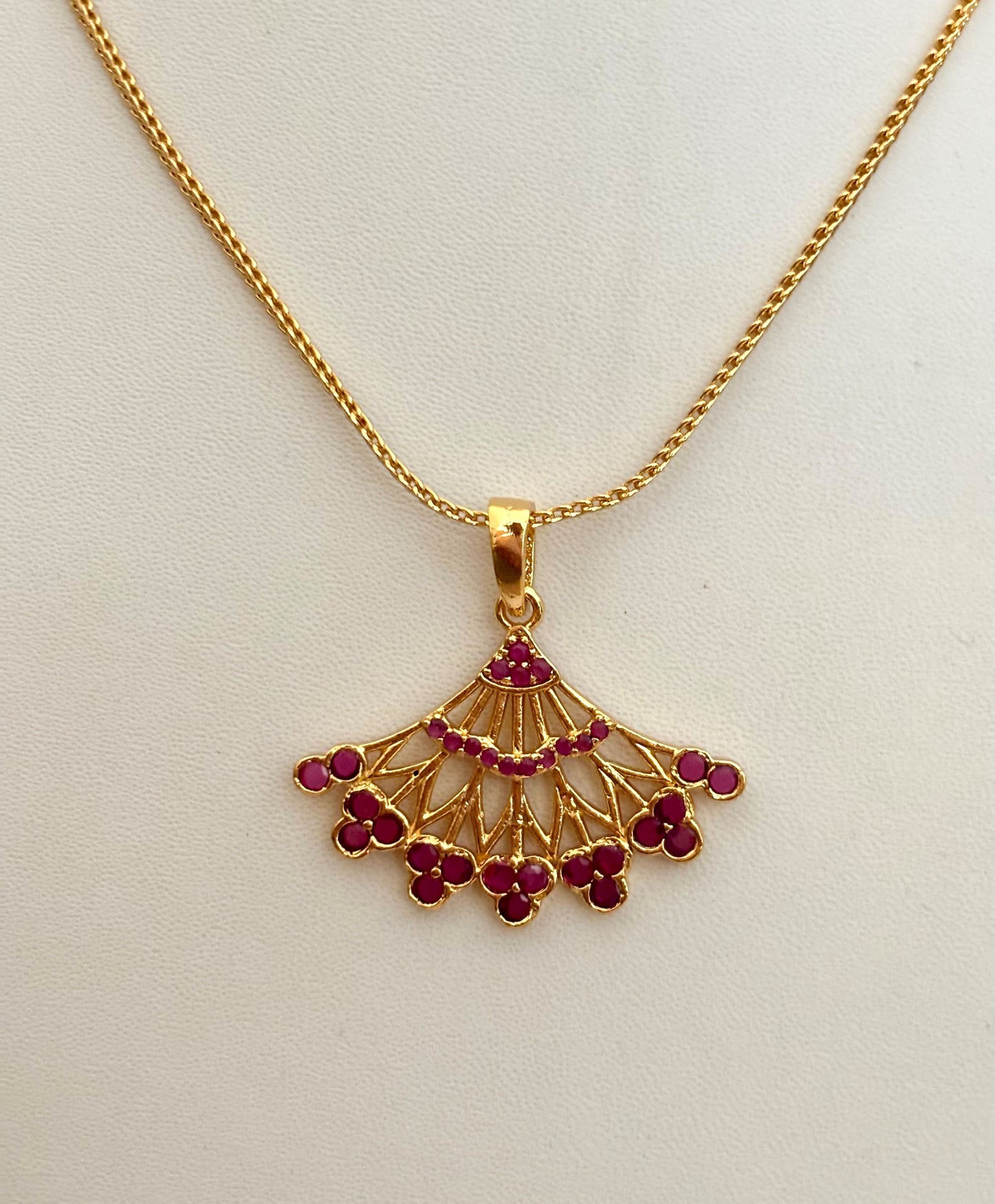 Gold-Plated Fan-Shaped Pendant with Pink Ruby Stones