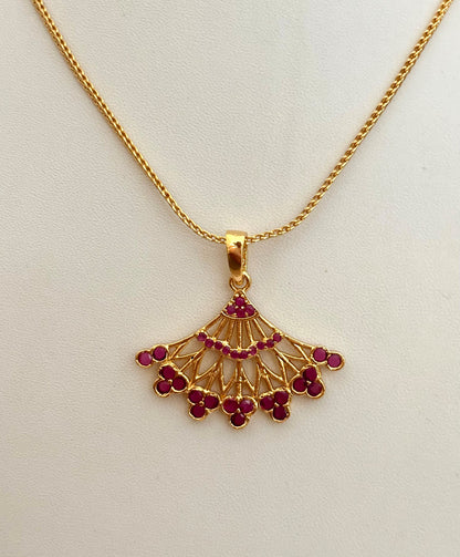 Gold-Plated Fan-Shaped Pendant with Pink Ruby Stones