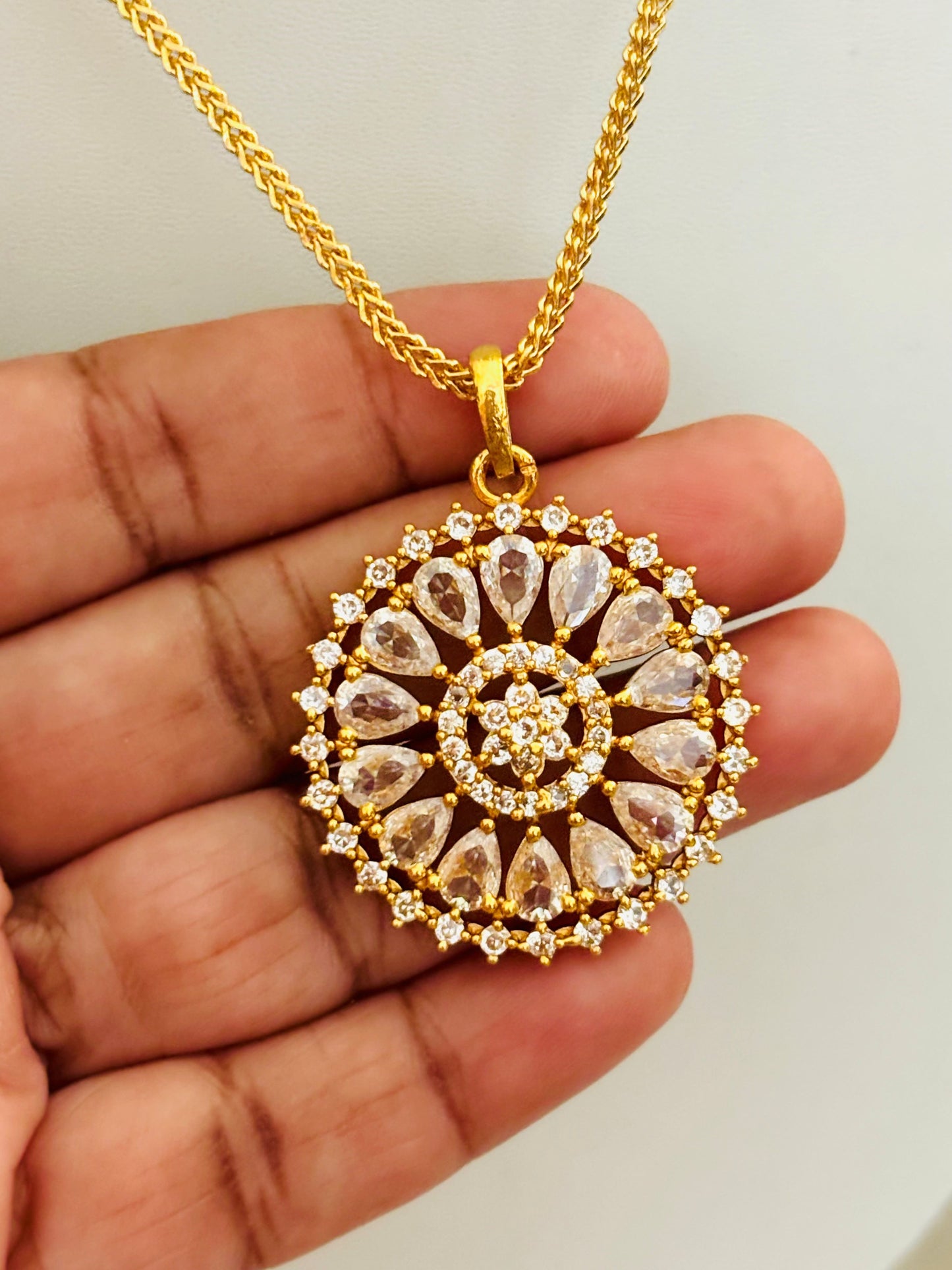 Floral Chakra Pendant with Light Pink and White AD Stones