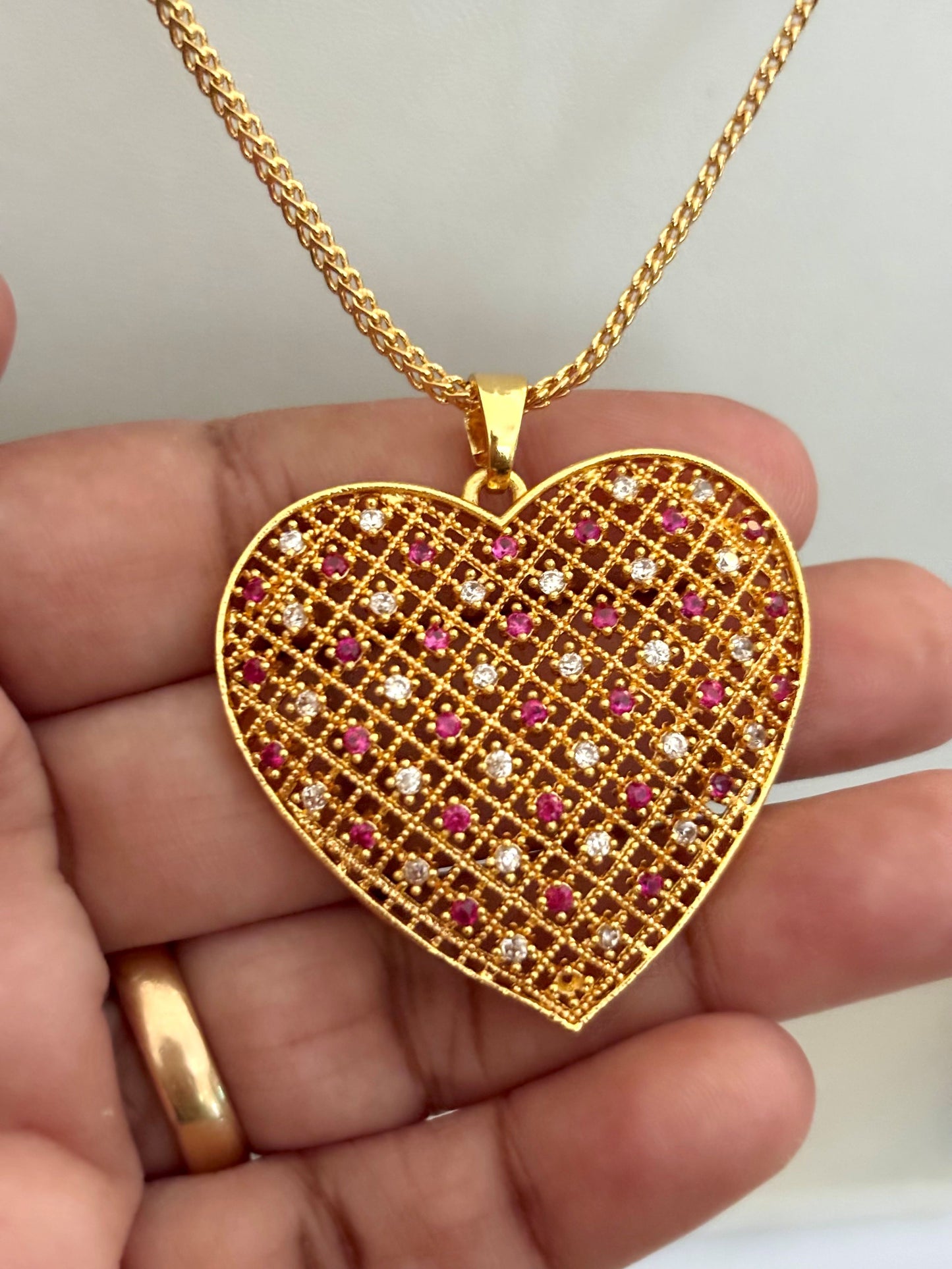 Gold-Plated Heart Pendant with Pink and White Stones
