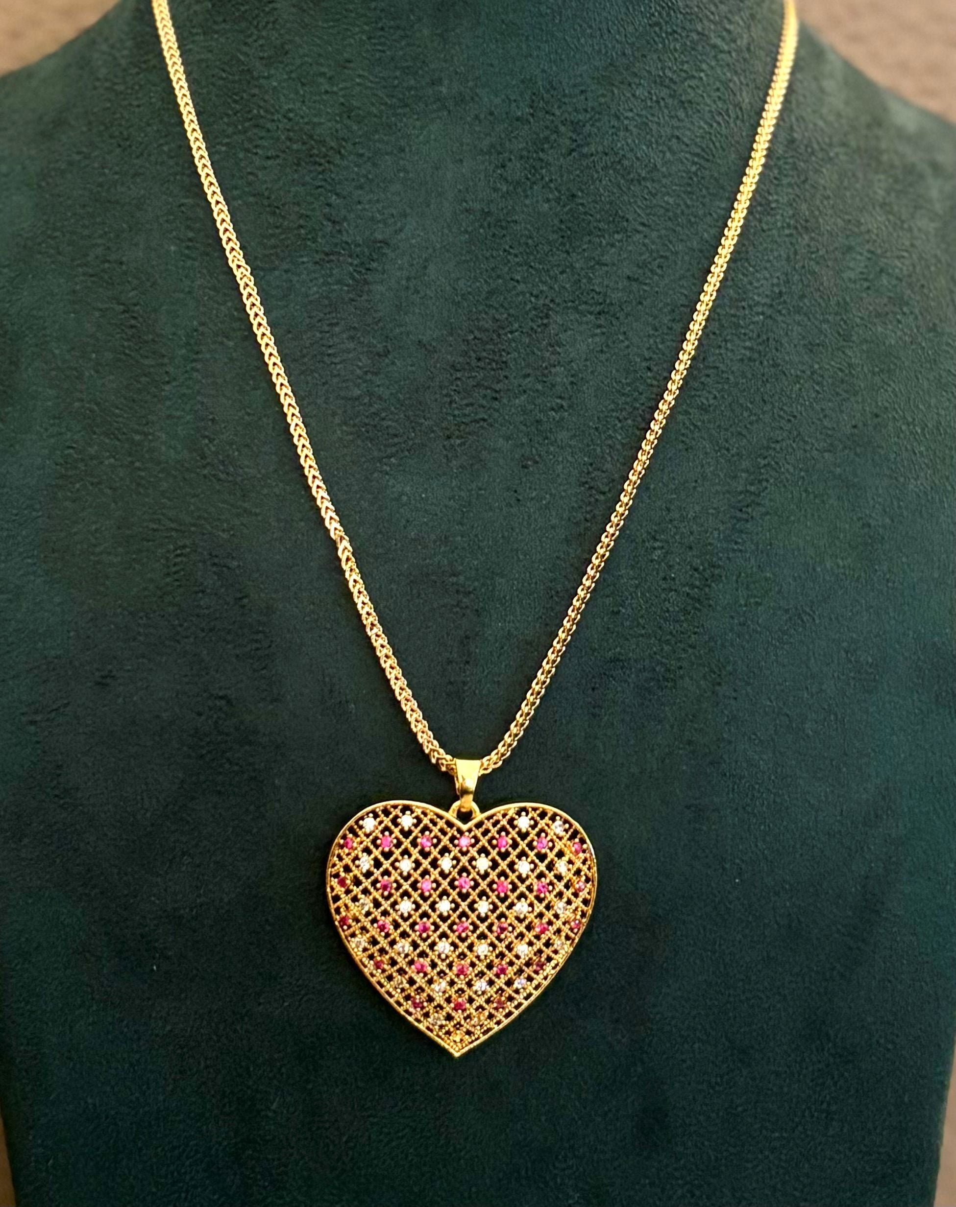 Gold-Plated Heart Pendant with Pink and White Stones
