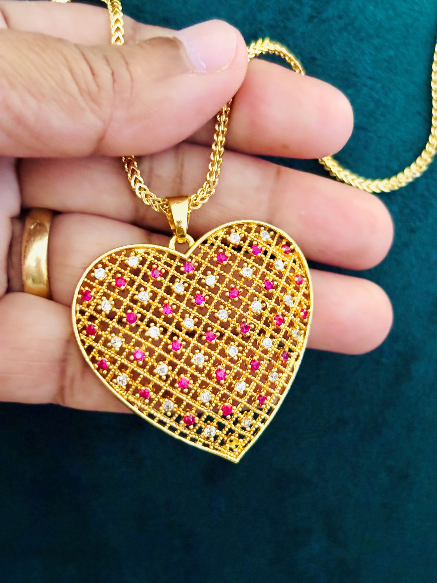 Gold-Plated Heart Pendant with Pink and White Stones