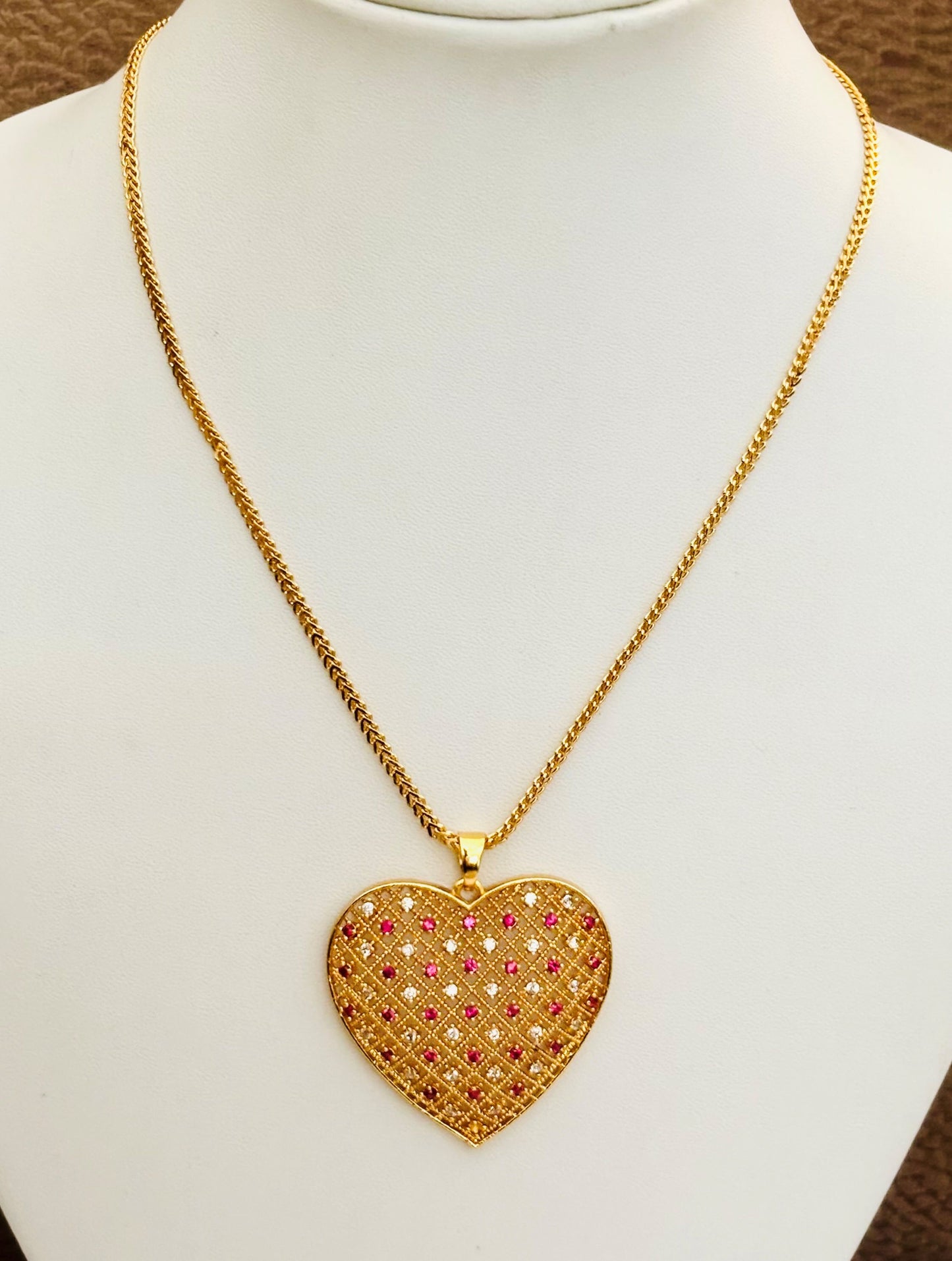 Gold-Plated Heart Pendant with Pink and White Stones