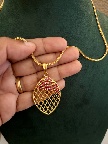 Gold-Plated Jali Work Pendant with Pink Ruby Stones