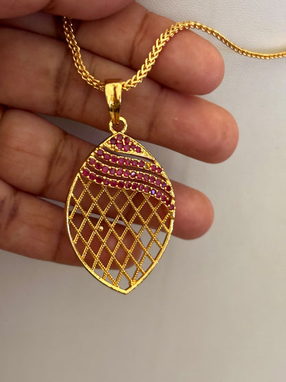 Gold-Plated Jali Work Pendant with Pink Ruby Stones