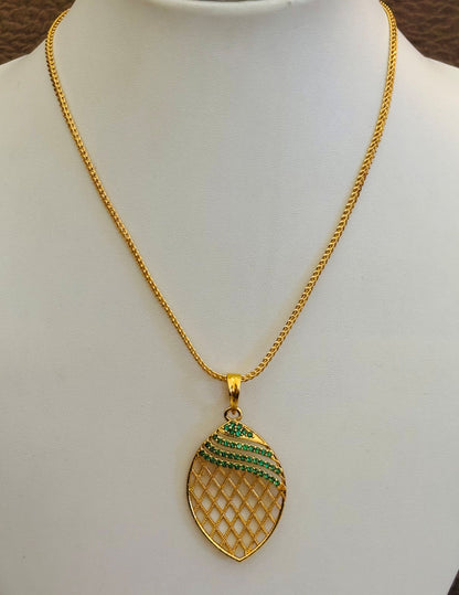 Gold-Plated Jali Work Pendant with Green Emerald Stones