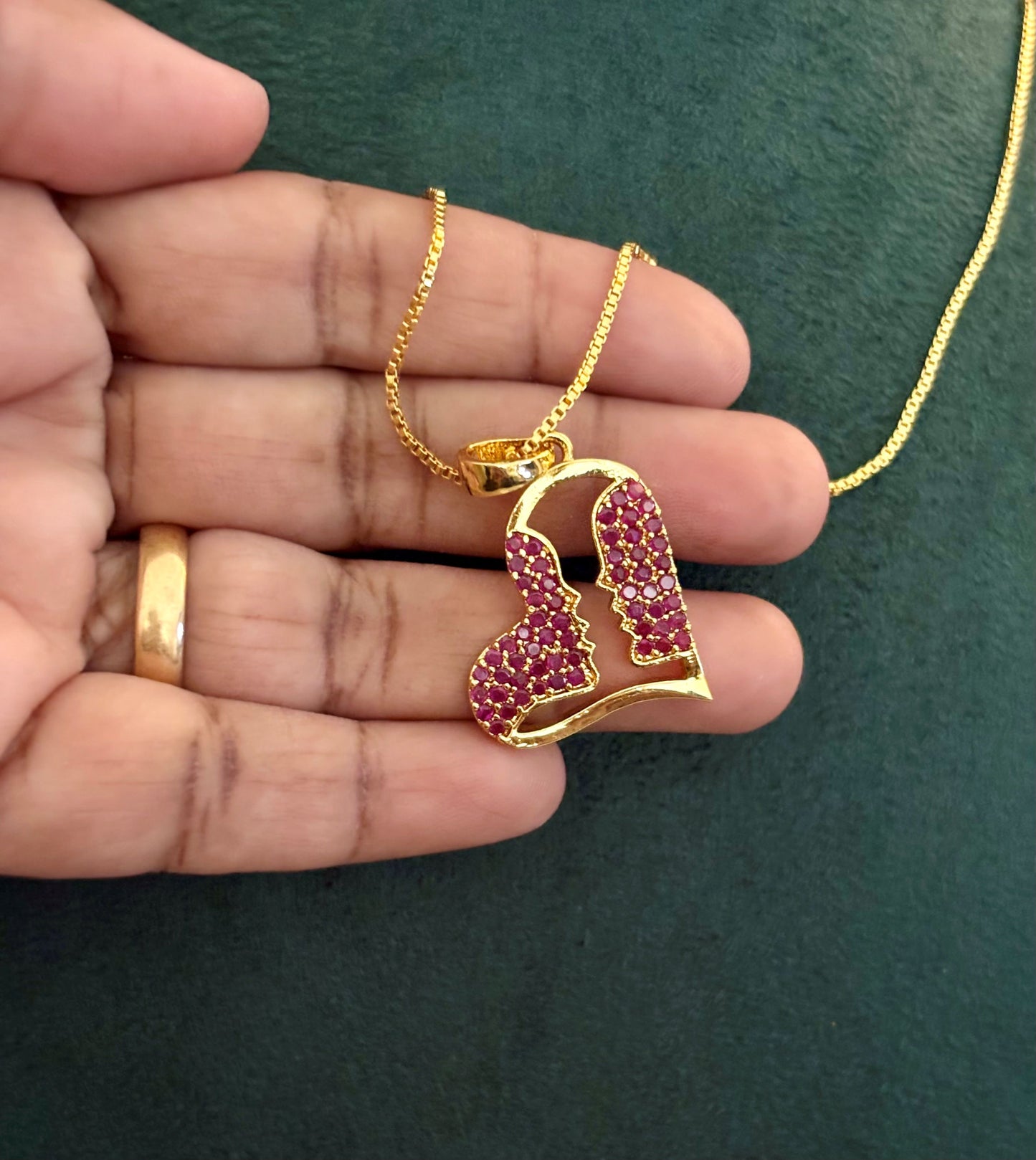 Gold-Plated Heart Pendant with Pink Ruby Stones