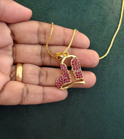 Gold-Plated Heart Pendant with Pink Ruby Stones