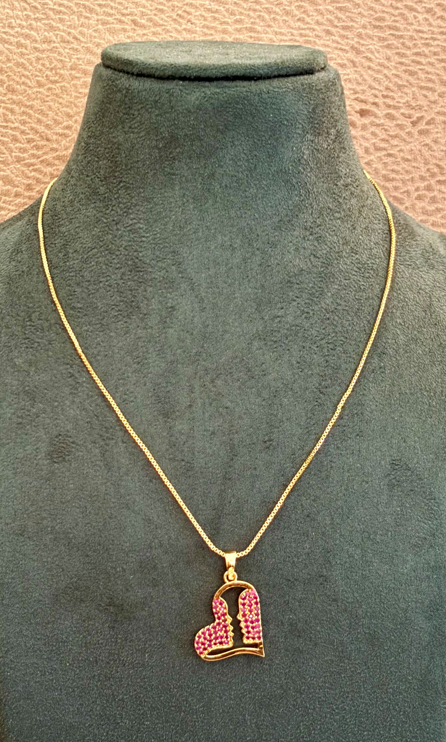 Gold-Plated Heart Pendant with Pink Ruby Stones