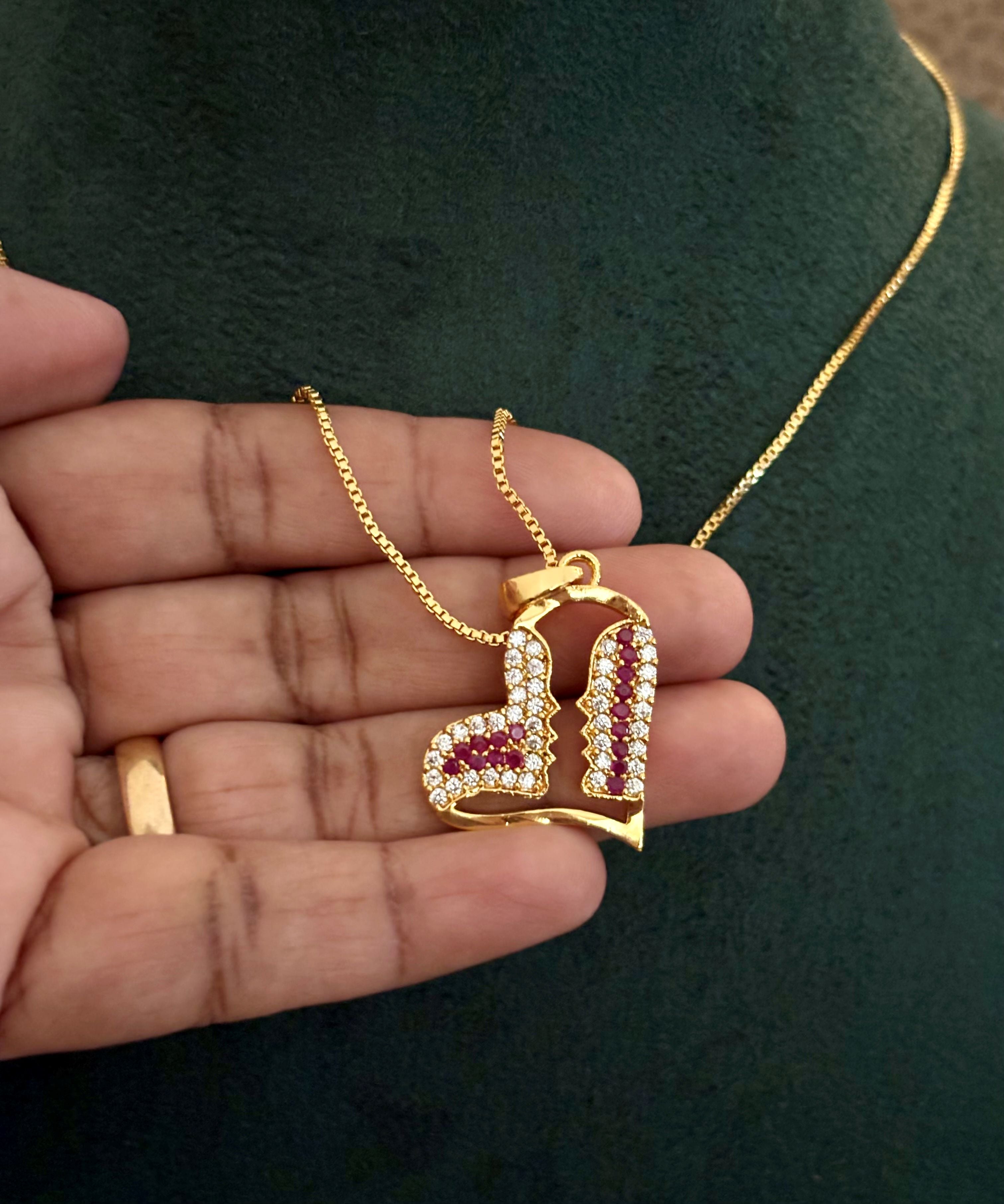 Gold-Plated Heart Pendant with Pink and White AD Stones