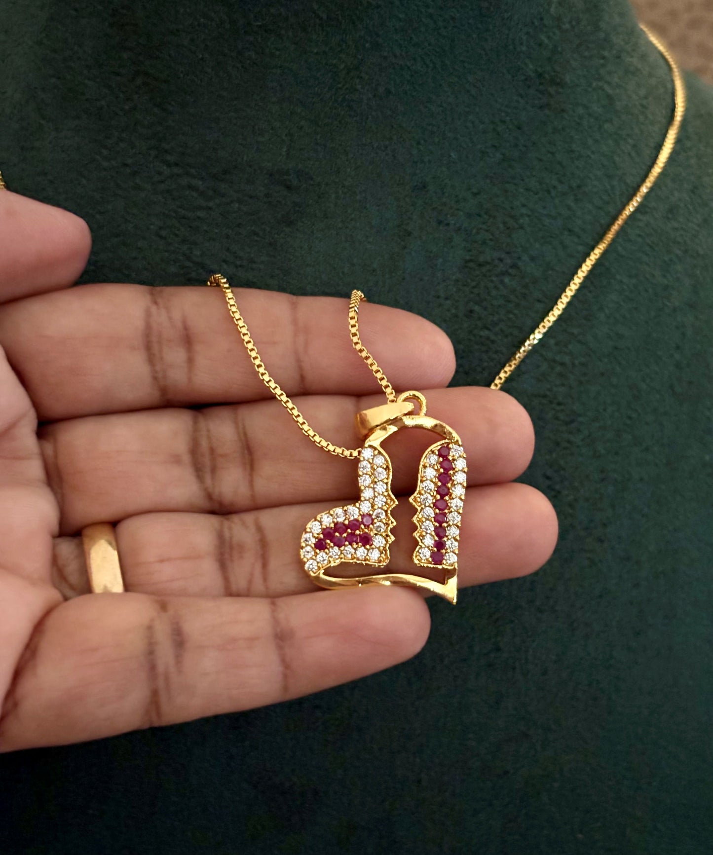 Gold-Plated Heart Pendant with Pink and White AD Stones